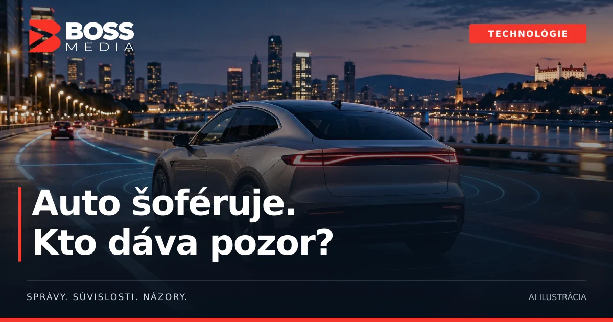 Auto šoféruje.
Kto dáva pozor? · AI ilustrácia · symbolické auto s asistenciou, nie zobrazenie konkrétneho modelu Volvo